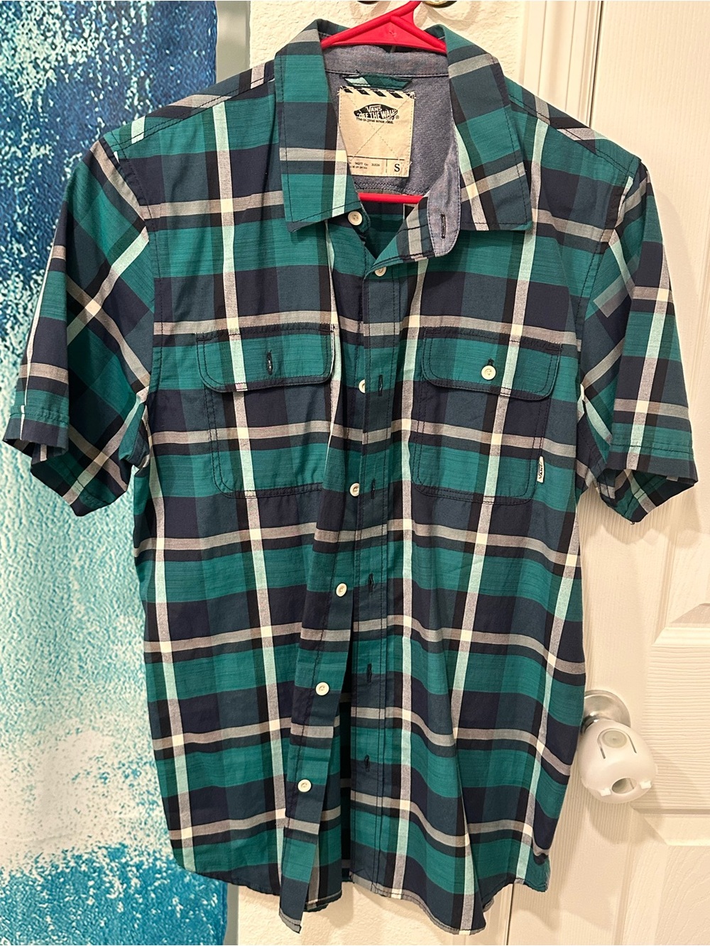 #29 Men's Short-Sleeve Teal & Navy Plaid Button-Up Shirt